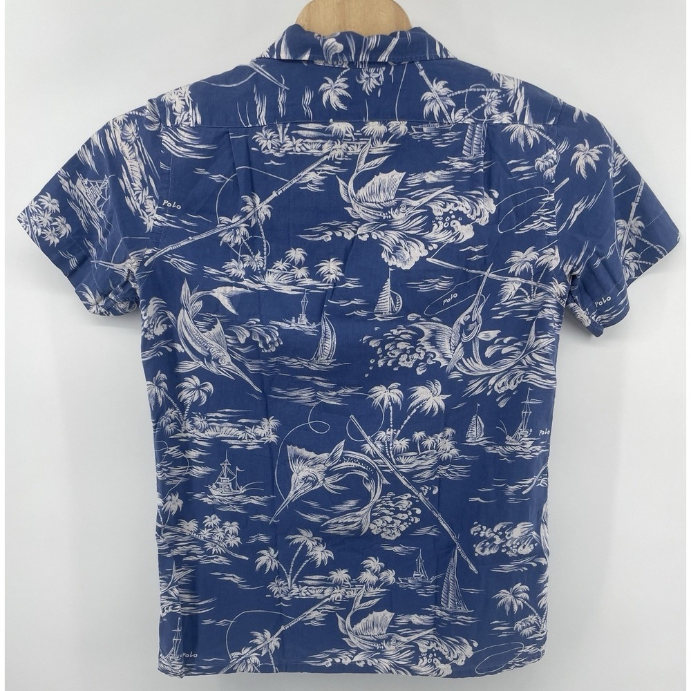 Polo Ralph Lauren Blue Hawaiian Shirt Men Medium Classic Fit Palm Floral Beach - Picture 5 of 8